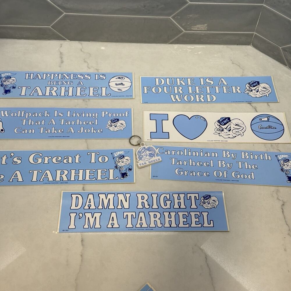 Vintage UNC Tar Heels Bumper Sticker Lot + Tar Heels Keychain North Carolina